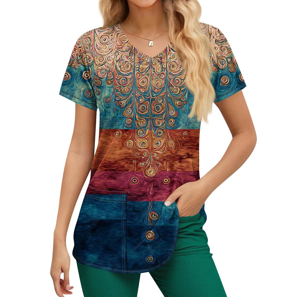 Suures suuruses trükitud Scrub Töövormi topid V-kaelusega naiste lühikeste varrukatega lõbusad T-särgid Taskutega tööriiete särk