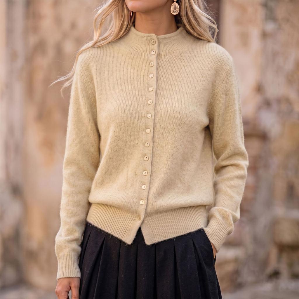 Women's Casual Color Knit Cardigan Sweater with Stand Collar and Button Front