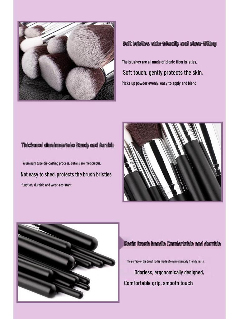 15dílná sada štětců na make-up s dřevěnou rukojetí a úložnou taškou: Zahrnuje štětce na oční stíny a korektor