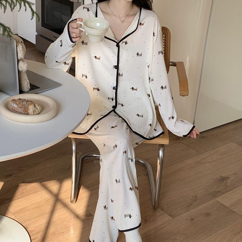 Spring and Autumn New Women's Pajamas Homewear Suit Girls Autumn and Winter Clouds Cotton Cardigan Cute Cartoon Homewear Suit