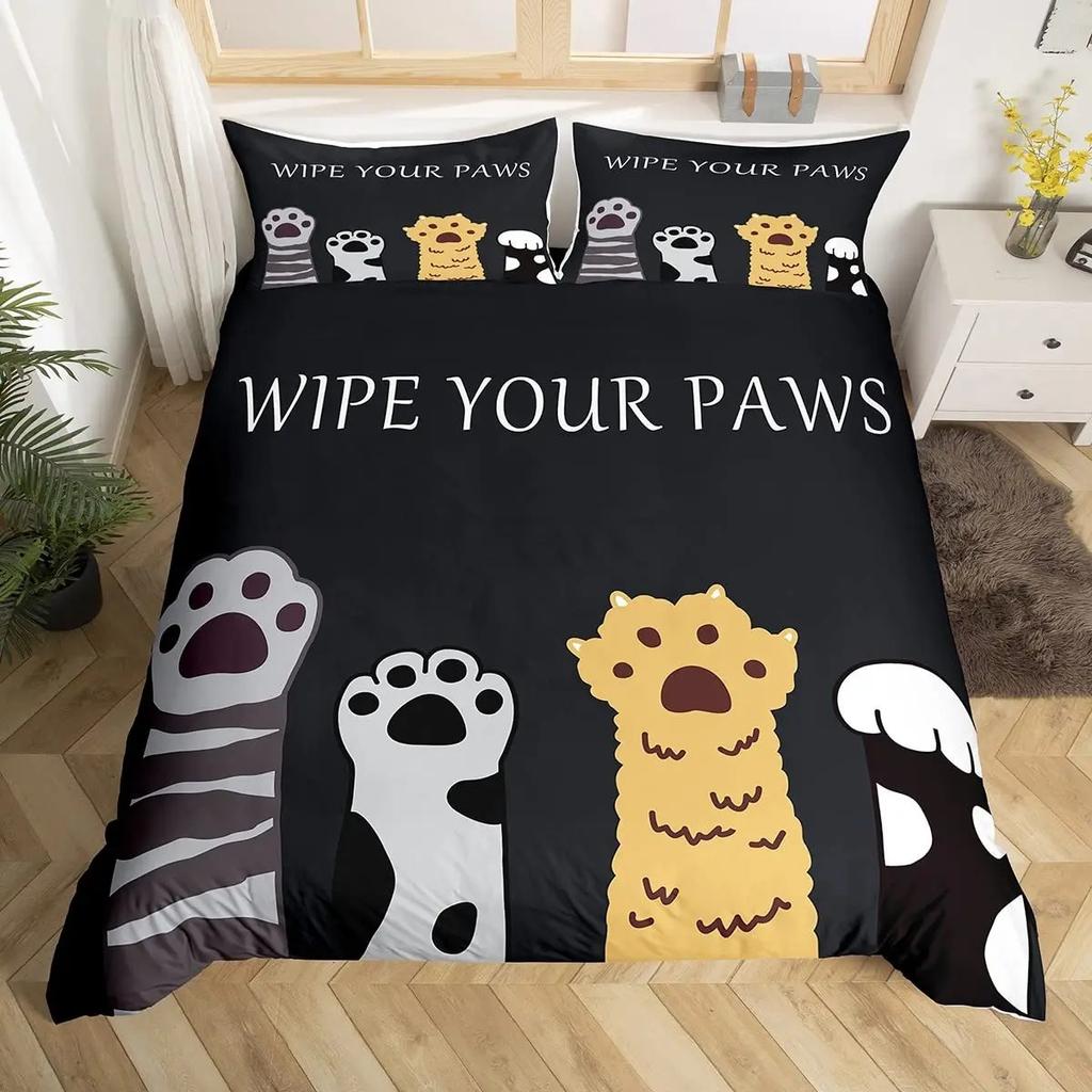 Dog Paw Print Duvet Cover Watercolor Gradient Puppy Footprints Comforter Cover with 2 Pillowcases,Funny Pets Animal Quilt Cover