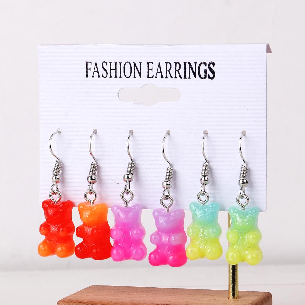 3 Pairs/Set Candy Color Acrylic Gummy Bear Drop Earrings for Women Korean Transparent Resin Jelly Bears Earring Sets Y2k Jewelry