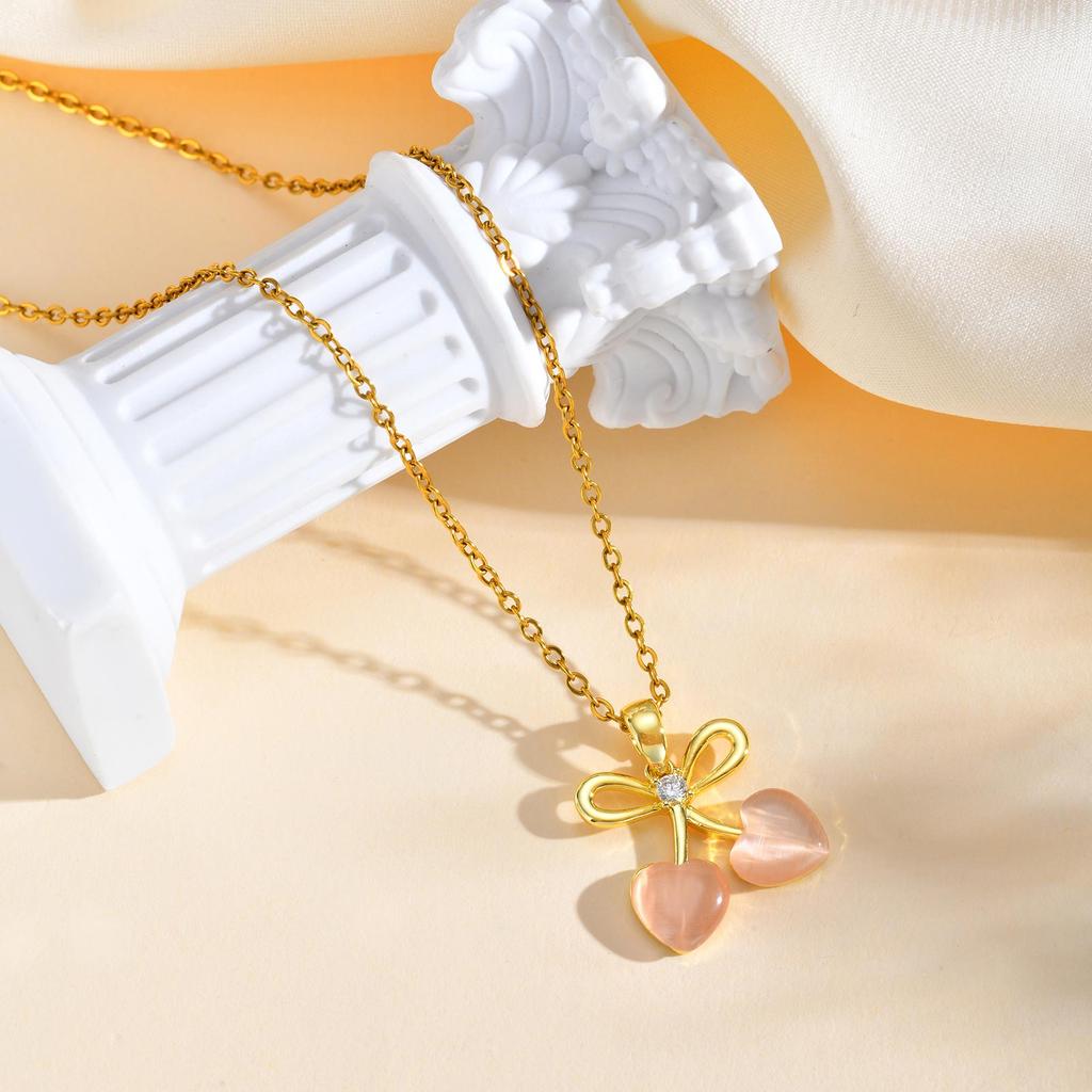 Natural Stone Pink Love Heart Pendant Necklaces For Women, Bowknot Copper Gold Color Chain Necklace Trendy Jewelry For Mom Gift