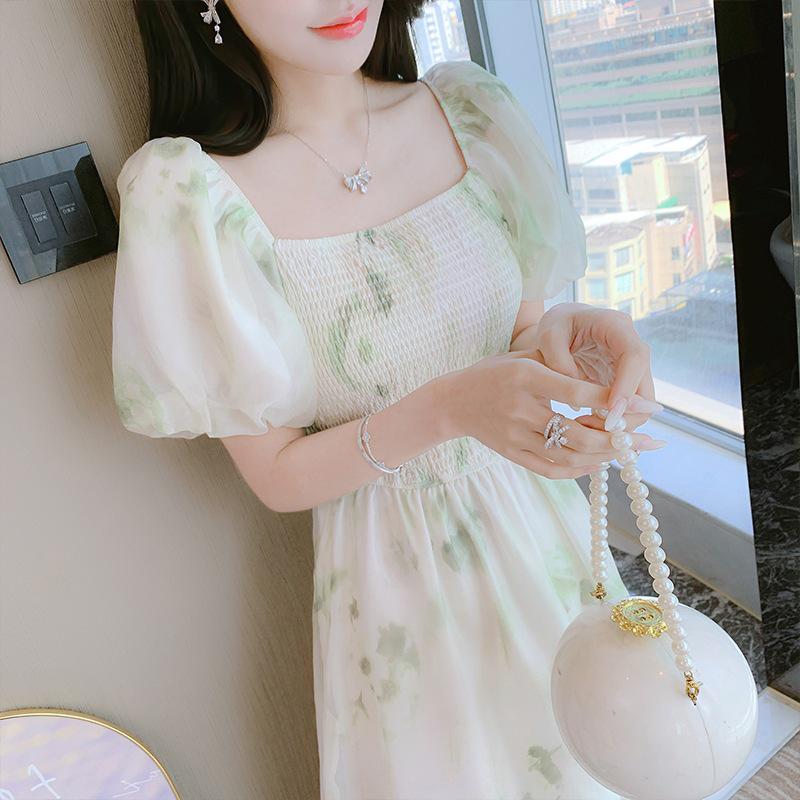 

Женское летнее платье из сетки с цветочным принтом, квадратным вырезом и рукавами-буфами S