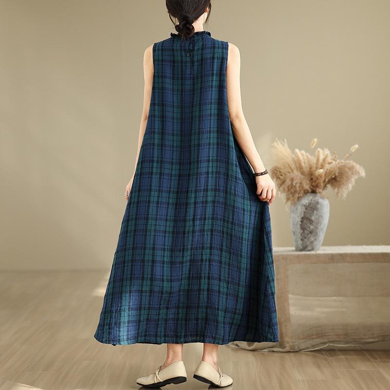 Real Shot Summer New Cotton and Linen Large Size Plaid Vest Skirt Chest Splicing Fungus Edge Sleeveless Dress