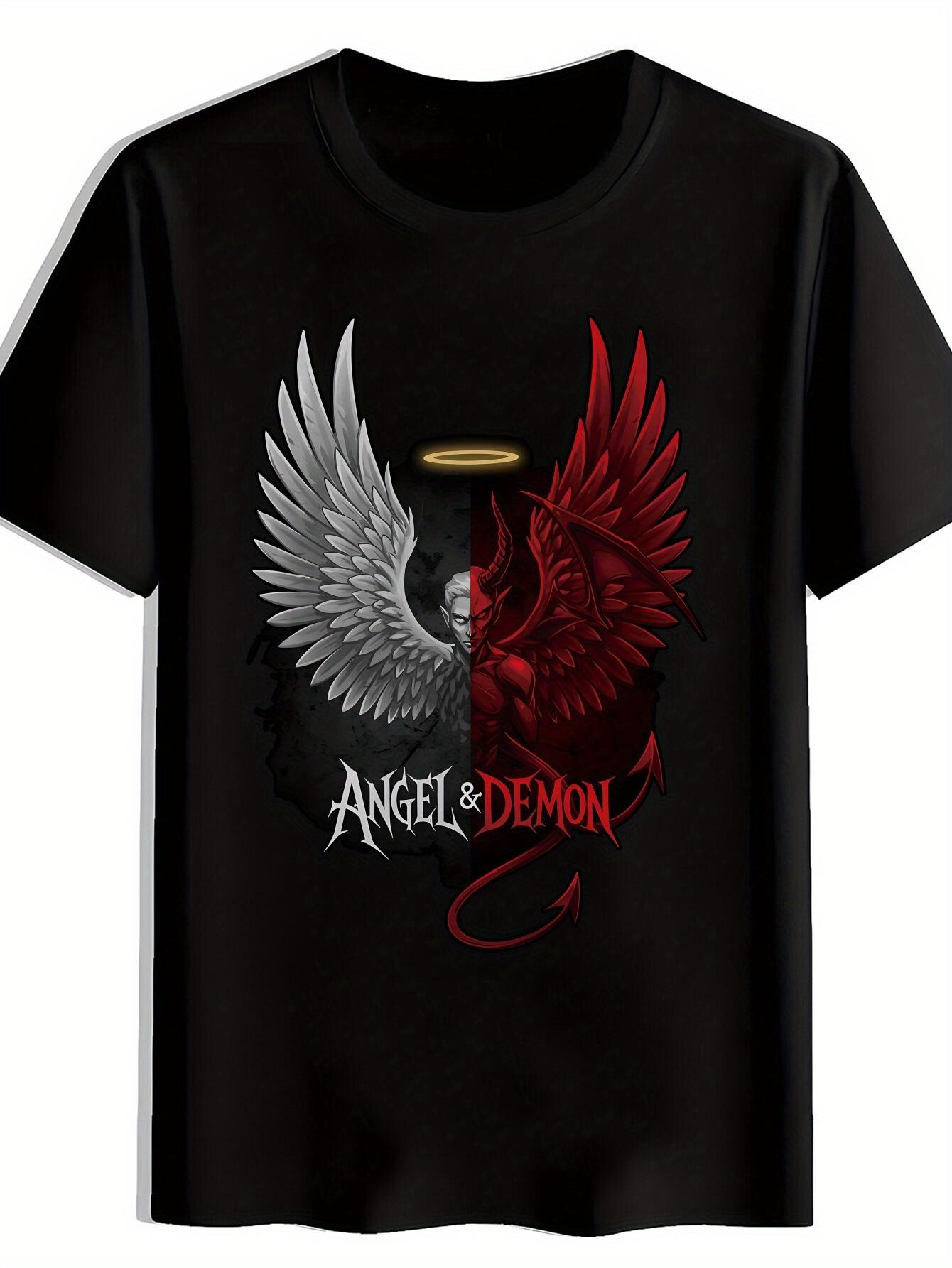 Black T-shirt with Angel & Demon Graphic Print - Retro Rock Band Design L