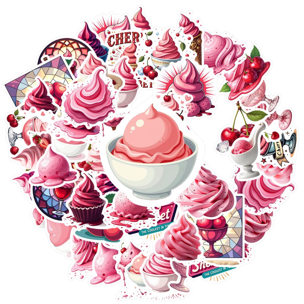 35-50pcs Pink Strawberry Ice Cream Dessert Stickers Cartoon Snacks Food Graffiti Decals Stationery Sticker Reward Gift
