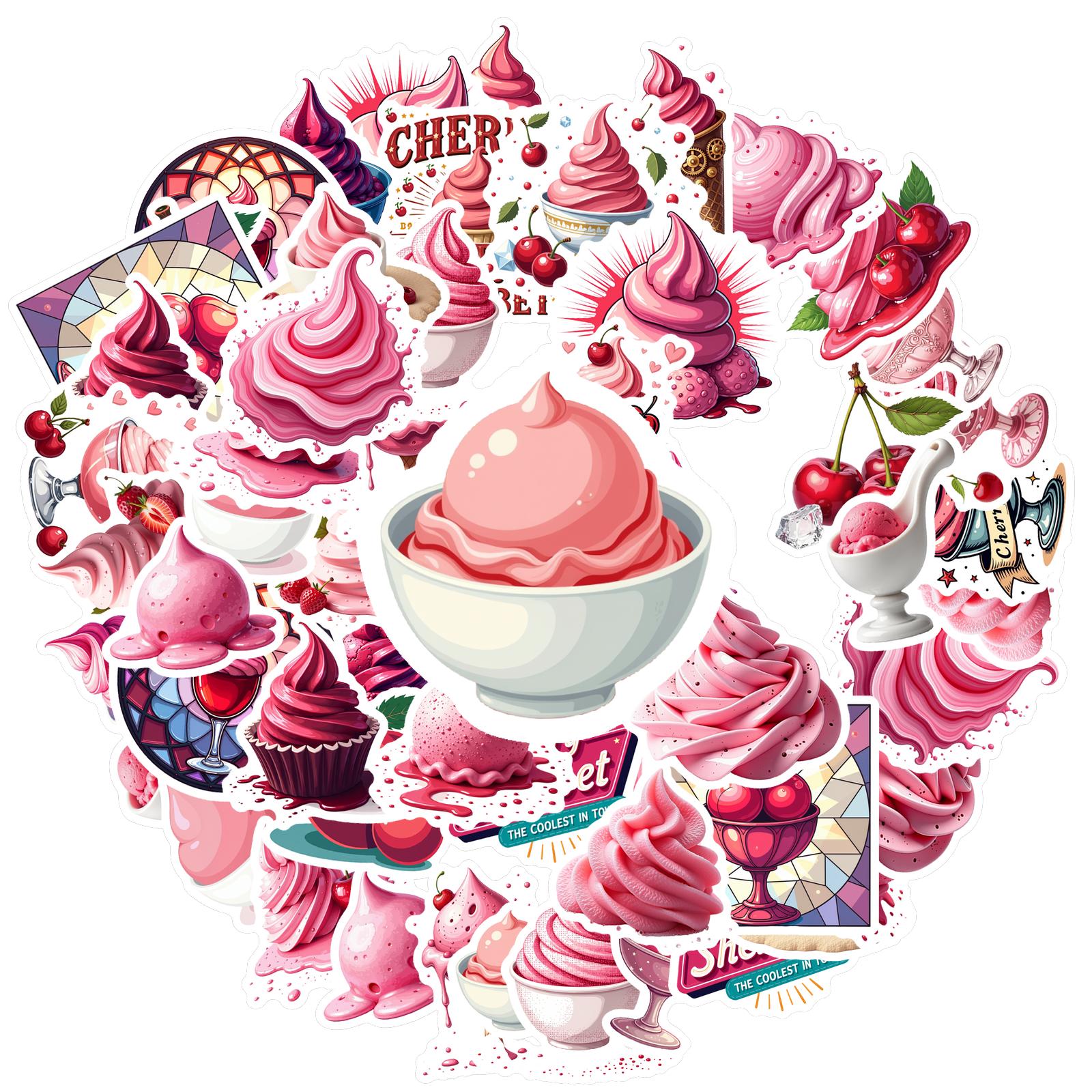 

35-50pcs Pink Strawberry Ice Cream Dessert Stickers Cartoon Snacks Food Graffiti Decals Stationery Sticker Reward Gift