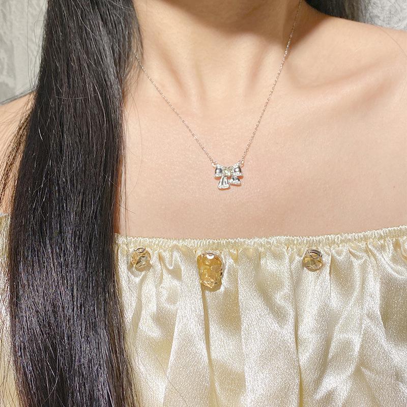 Clear Sky Pink Zircon Bow Necklace, S925 Sterling Silver, Micro-set Fine Chain, Everyday Wear.