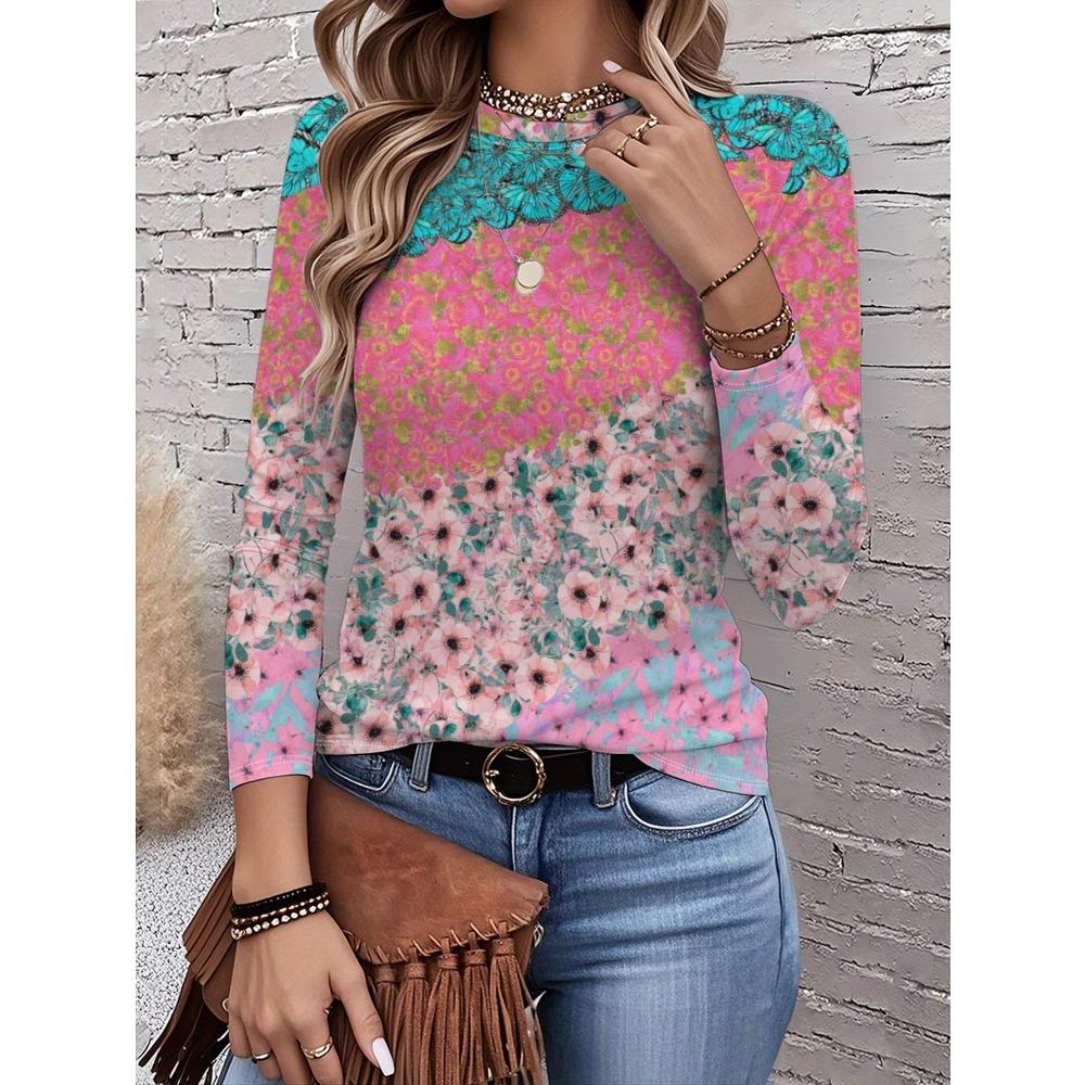 Women s fashionable long sleeved T-shirt with floral pattern XS