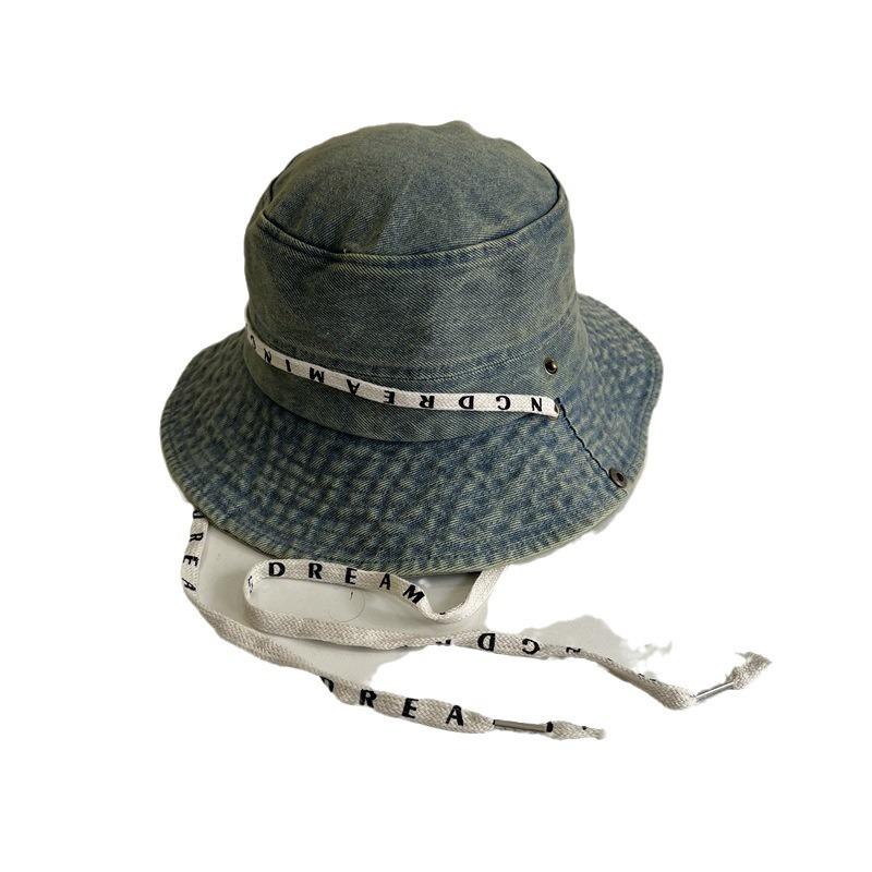 Retro denim bucket hat women's new strap-up big brim denim hat travel shade versatile sunscreen hat