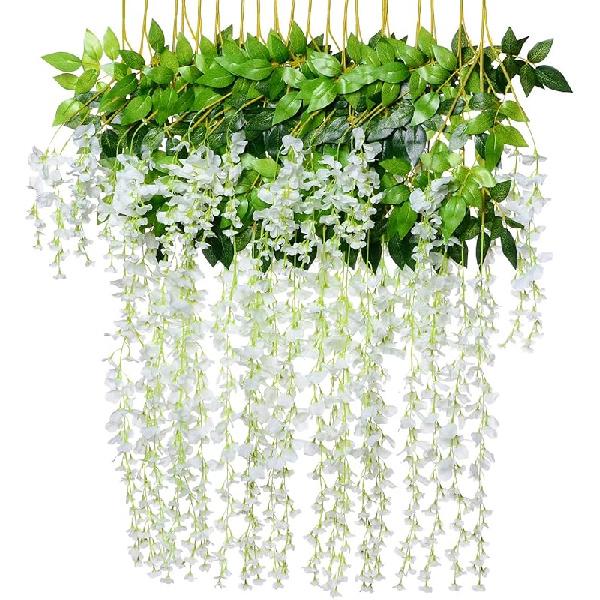 8pcs Artificial Flowers Silk Wisteria Vine Ratta Silk Hanging Flower Wedding Decor (Purple)