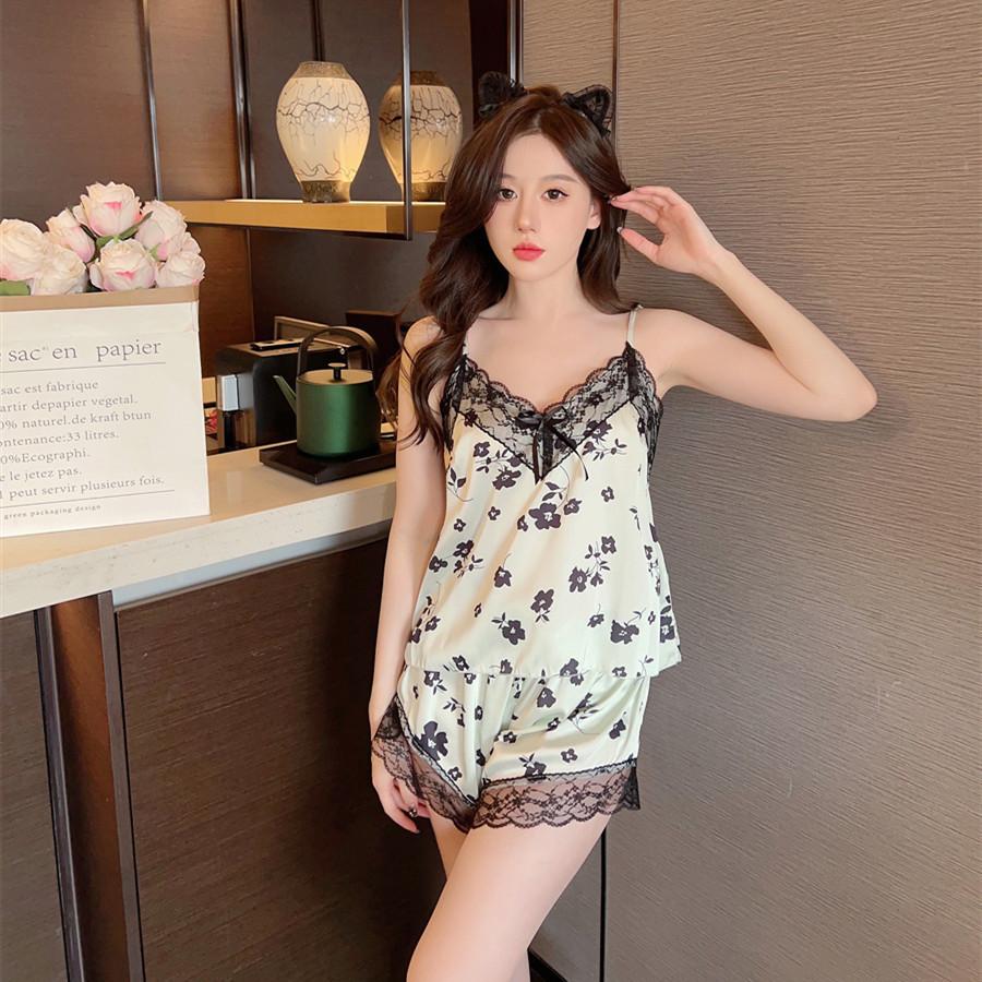 Summer New Pajamas Women's Ice Ribbon Chest Pad Printing Series Short Hanging Shorts Pure Desire Wind Lace Loungewear Set
