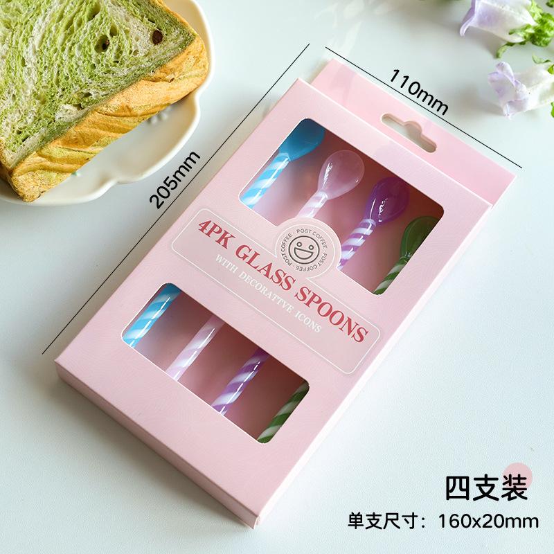 Colorful Glass Jade Spoon Set, Heat-Resistant Borosilicate Glass, 4-Piece, Pink Gift Box, Long Handle Round Stirring Spoons