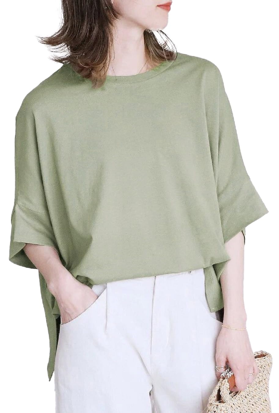 

Топ из хлопка долман, сшитый, с коротким рукавом, весна-лето, свободного кроя, стильный, тонкий, из гладкого шелковистого материала, блестящий, стройнящий, для ношения слоями, повседневный зелёный