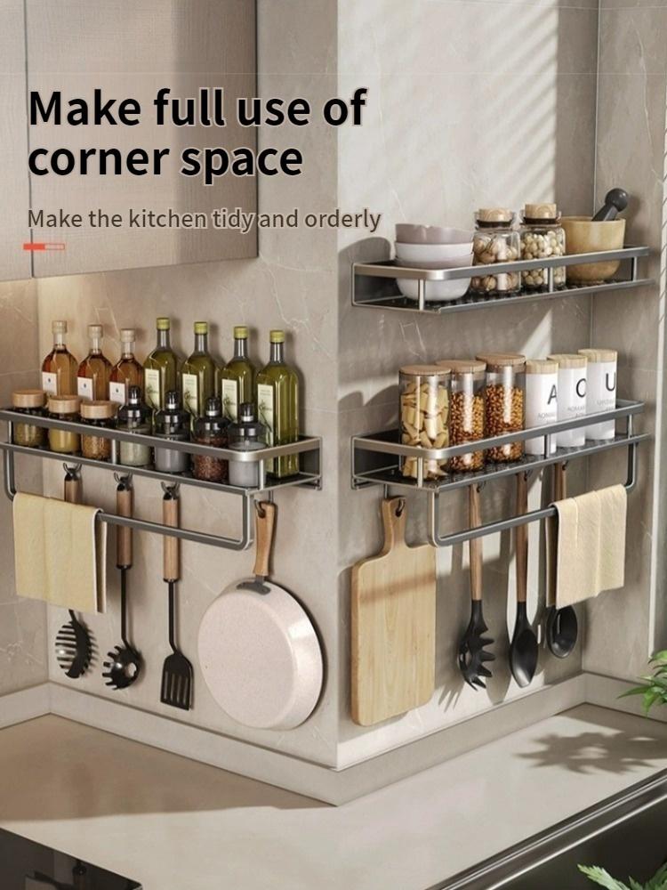 Aluminum Kitchen Wall-Mounted Spice Storage Rack Condiment Rack Multifunctional Household Utensil Rack Kitchen Hanging Organizer