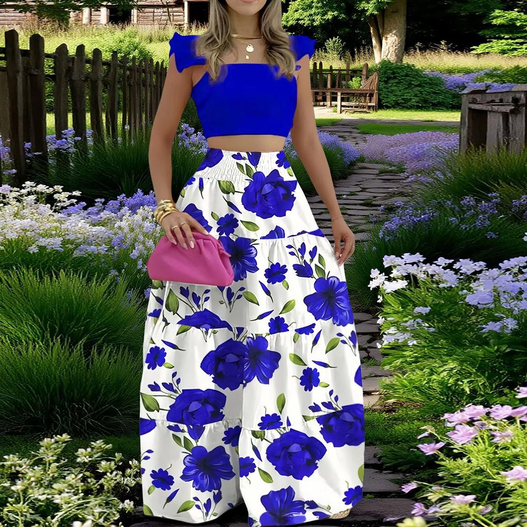 Women's Fashionable Casual Floral Print Elegant And Mid-Waist Strapless Wide-Skirt Two-Piece Dress Set