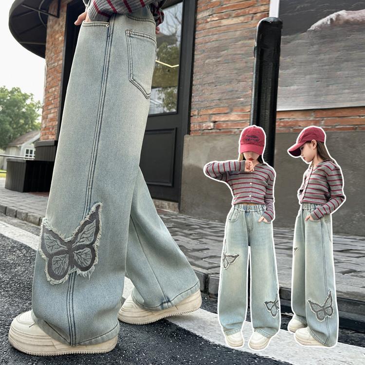 Girls' Jeans Butterfly Patch Denim Wide Leg Pants Children's Straight Leg Pants