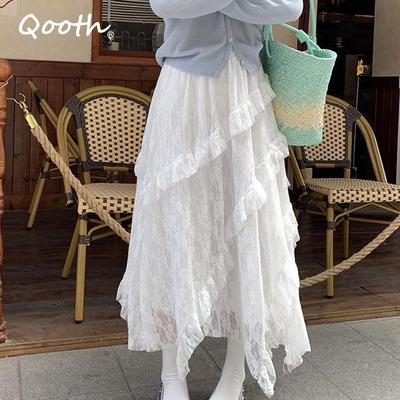 Spódnica Midi z Francuskiej Koronki Asymetryczna z Falbanami Biała Spódnica A-Line Eleganckie Słodkie Spódnice QT2602