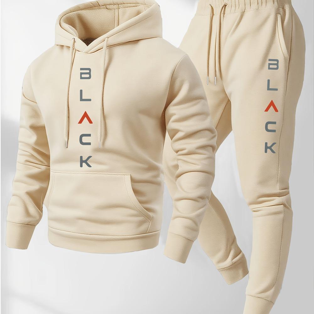 Mens Soft Comfortable Boston Print Hooded Sweatshirt Sweatpants Set Eco-friendly Thin Velvet Warm Autumn Winter Hoodies