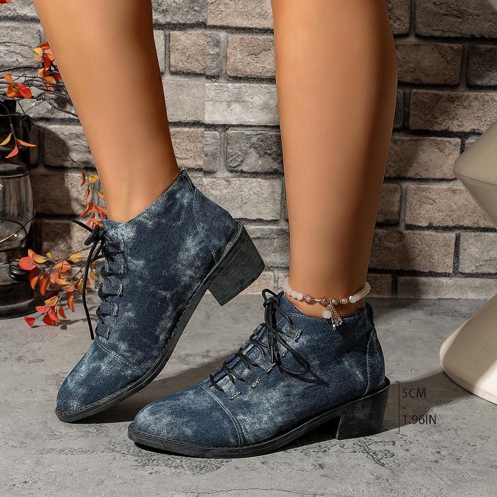 Fashion 2025 autumn lace-up mid-heel ankle boots for women, plus-size export denim British-style pointed-toe shoes