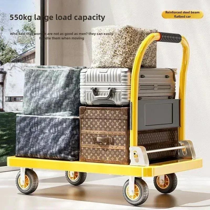 Stable Folding Handcart, Small Cargo Cart, Warehouse Trailer, Portable Four-wheel Silent Shopping Cart, Handling Flatbed Truck