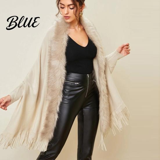 Women Poncho Batwing Long Sleeve Open Stitch Mid-Length Loose Fit Shawl Cardigan Fall Winter Artificial Fur Collar Tassel Hem Knitting Outerwear