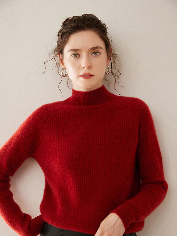 2024 Women's Autumn/Winter High Neck Seven-Needle Ribbed Cashmere Raglan Sweater