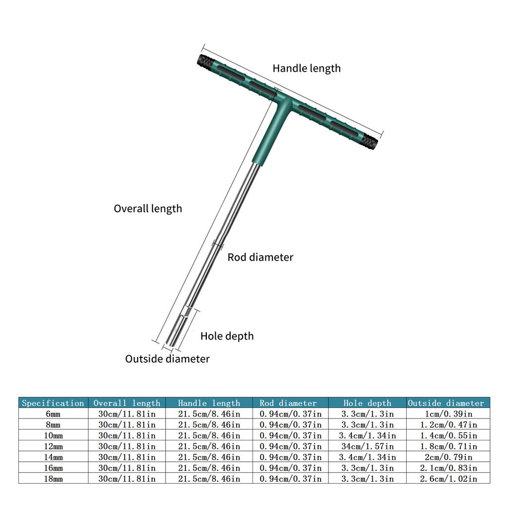 T-shaped Hand Tool Hex Socket Wrench T-handle Wrench Extended T-Socket Wrench for Mechanical Work 6/8/10/12/14/16/18mm
