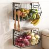 Stackable Metal Fruit Basket with Wood Lid 2 Pack Hanging Wall Organizer for Kitchen Counter Pantry Storage for S Potatoes Garl