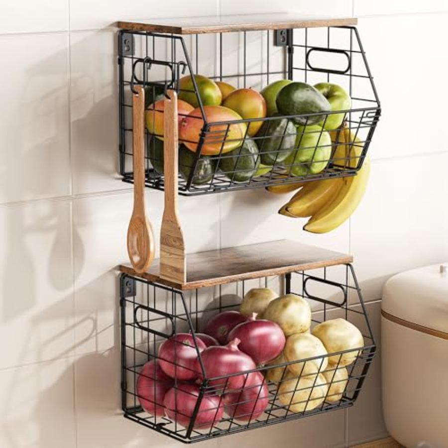 

Stackable Metal Fruit Basket with Wood Lid 2 Pack Hanging Wall Organizer for Kitchen Counter Pantry Storage for s Potatoes Garl United States