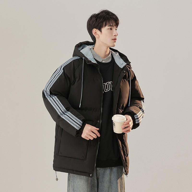 Loose Winter Hooded Jacket Mens Striped Colorblock Padded Coat Couple Warm Streetwear Casual Thick Parka S-4XL