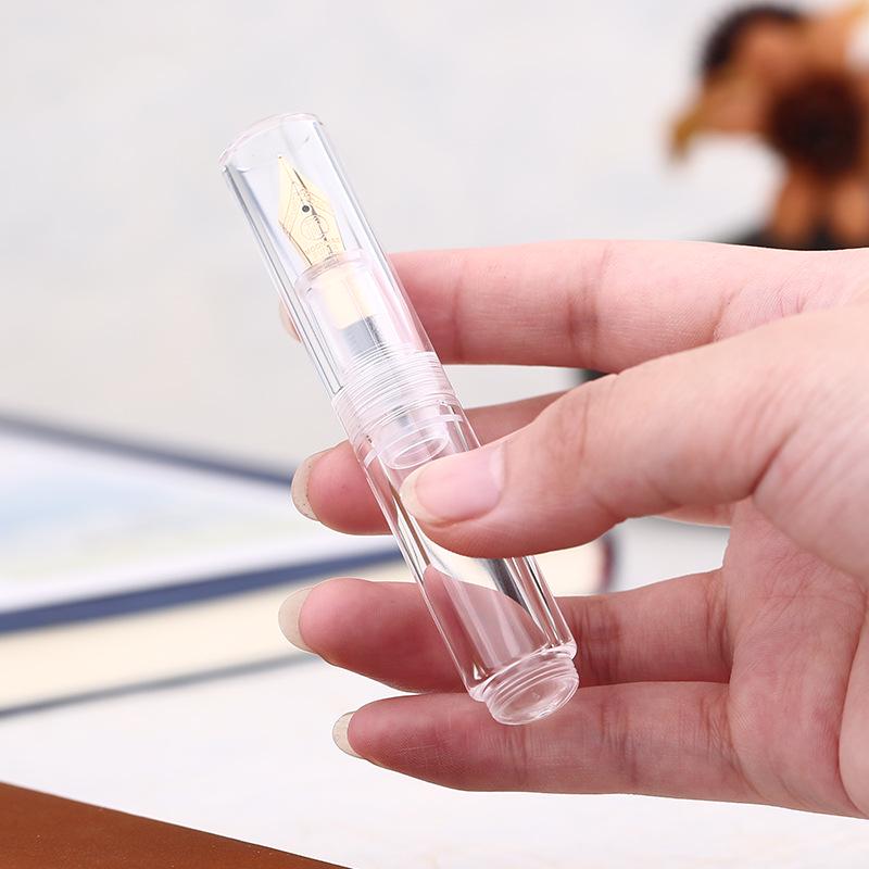Mojiwan Cai Portable Mini Resin Short Fountain Pen, Iridium Nib, Transparent Color, Student Ink Cartridge for Practice Writing F Nib 0.5mm