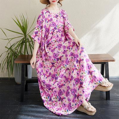 DIMANAF 2024 Übergröße Kleid Neu Sommer Basic Locker Damen O-Ausschnitt Vintage Kurzarm Große Größe Strand Langes Kleid
