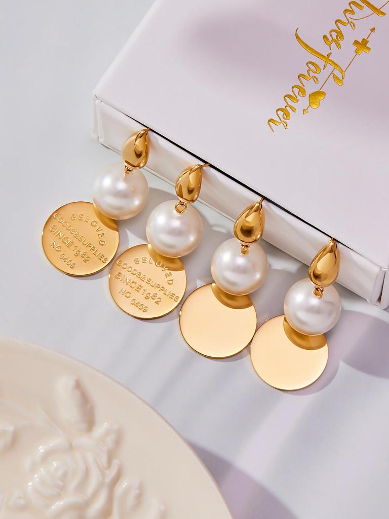 Qiong Yao Vintage Geometric Round Pendant Earrings with Beads, 18k Gold-Plated Luxurious D Letter Tassel Studs.