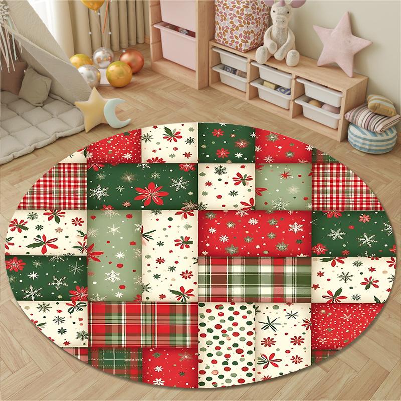 Round Area Rug Christmas Patchwork Quilt Plaid Tartan Poinsettia Snowflake Family Room Decor