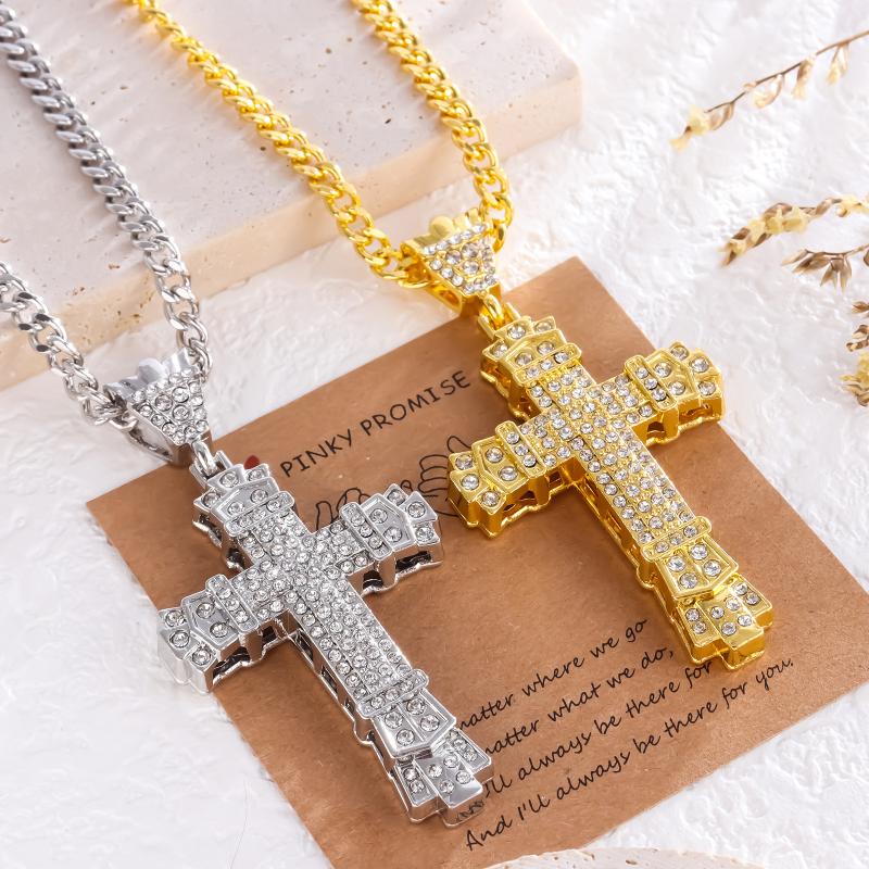 Unique Hip Hop Inlaid Rhinestone Exaggerated Retro Cross Pendant Men Necklace Jewelry Accessries