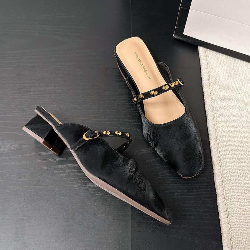 

Y579-1 thick-heeled slippers 2025 new small square head outer wear women s summer outer wear with skirt high-heeled sandals women 40 чёрный