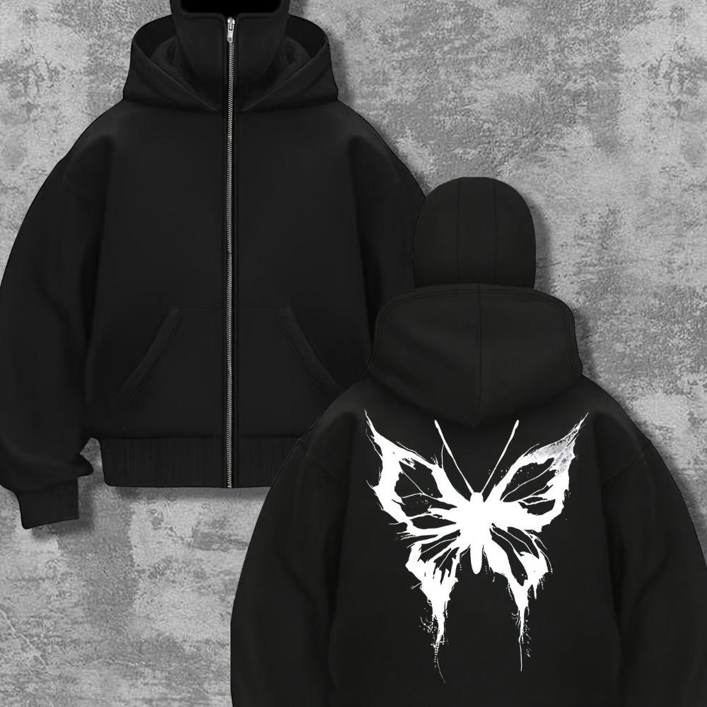 Double Hat, Double Neck Men's and Women's Fashionable Street Style Hooded Sweatshirt with Printed Zipper Pattern Sweatshirt