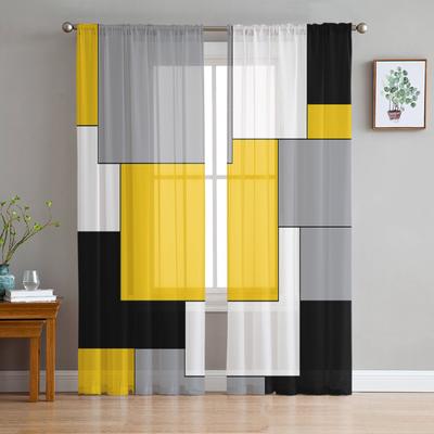 Yellow Grey Black Patchwork Abstract Art Medieval Style Tulle Curtains Living Room Kitchen Window Decoration Voile Sheer Curtain