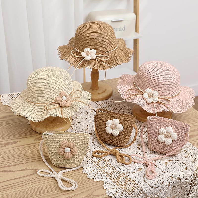 2PCS New Summer Cute Baby Girl Straw Hat Solid Color Lace RuffleKids Fisherman Outdoor Beach Caps SunshadeWide Brim Bucket Hats