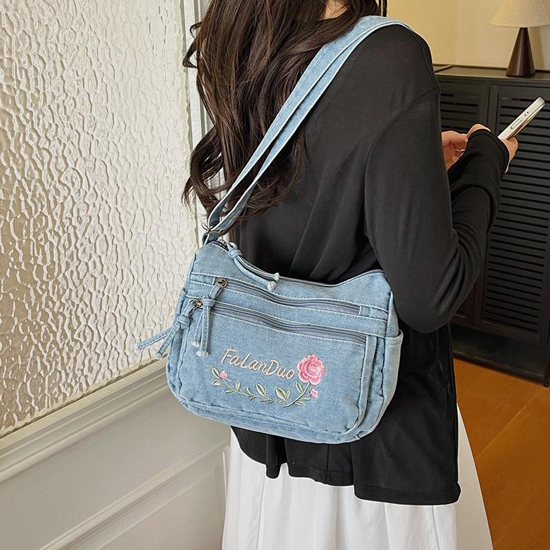 Jeansowa Haftowana Torba na Ramię Damska Torebka Miejska Torba Crossbody