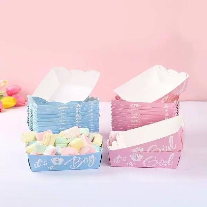 6/12 Adet Cinsiyet Açıklama Kağıt Yiyecek Tepsisi Şeker Kurabiye Atıştırmalık Tutucu Kutusu Mavi Pembe Bir Erkek mi Kız mı Dekorasyon Malzemeleri Bebek Partisi