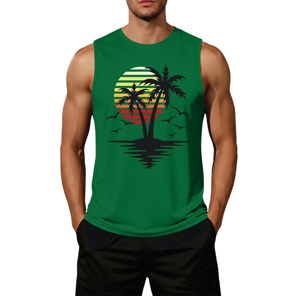 Men's Loose Fit Casual Sleeveless Tank Top Palm Tree Graphic Print Summer Beachwear Muscle Shirt