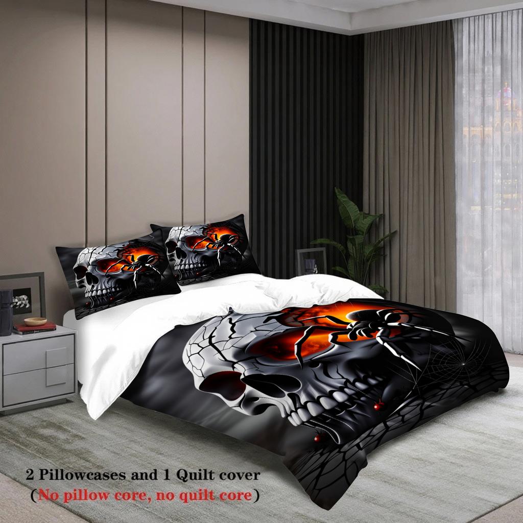 King Queen Bedding Set With Comforter Bed Sets Full Size Cool Skull Spider Printed 3PCS Goth Bedding for Teen Boys Room Decor