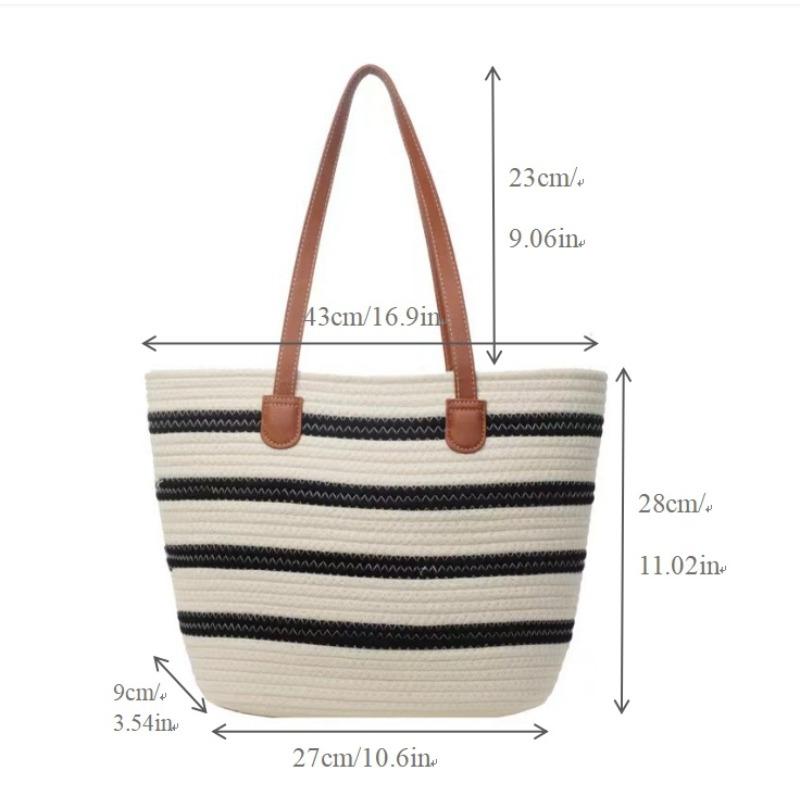 Versatile Shoulder Striped Straw Bag Women's Cotton Thread Zipper Woven Bag Large Capacity Tote Bag Seaside Vacation Beach Bag