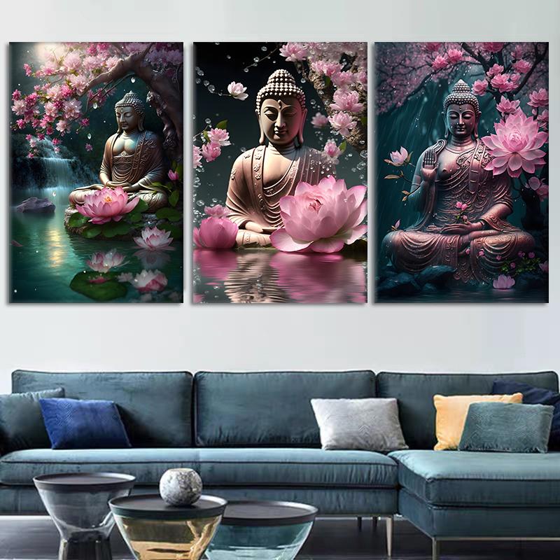 Vintage Buddha Canvas Painting, Cherry Blossoms Poster Wall Art, Temple Golden Statue of Buddha Prints, Office Living Room Decor