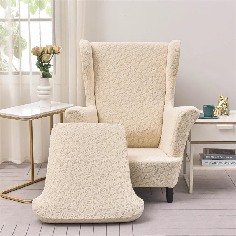 1seater Jacquard Wing Chair Cove with Seat Cushion Cover Elastic Wingback Armchair Slipcover Anti-Dirty Single Sofa Cover Home