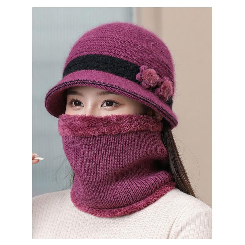 Outdoor Elderly Middle Aged Winter Beanie Hat Scarf Fleece Lining Warm Knit Bucket Hat Windproof Hat Scarf Set for Women