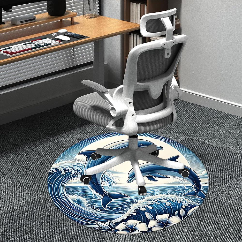 1 szt. Okrągły dywanik biurowy z motywem fal i delfinów, Mata wewnętrzna odpowiednia do biura, Pod krzesła biurowe, Sypialni, Salonu, Wystroju domu, Dekoracja pokoju